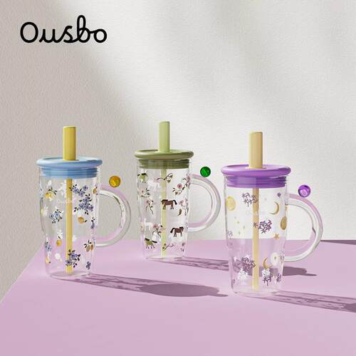Ousbo花花玻璃水杯女生高颜值吸管桌面杯新款大容量咖啡饮品杯子