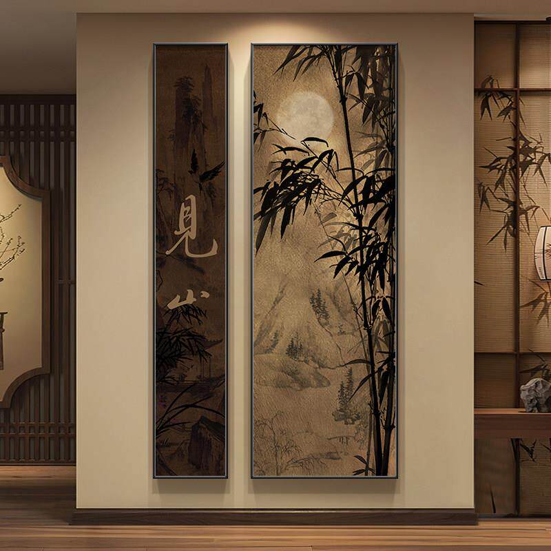 见山字画新中式玄关装饰画竹报平安走廊过道挂画中古竖版茶室壁画
