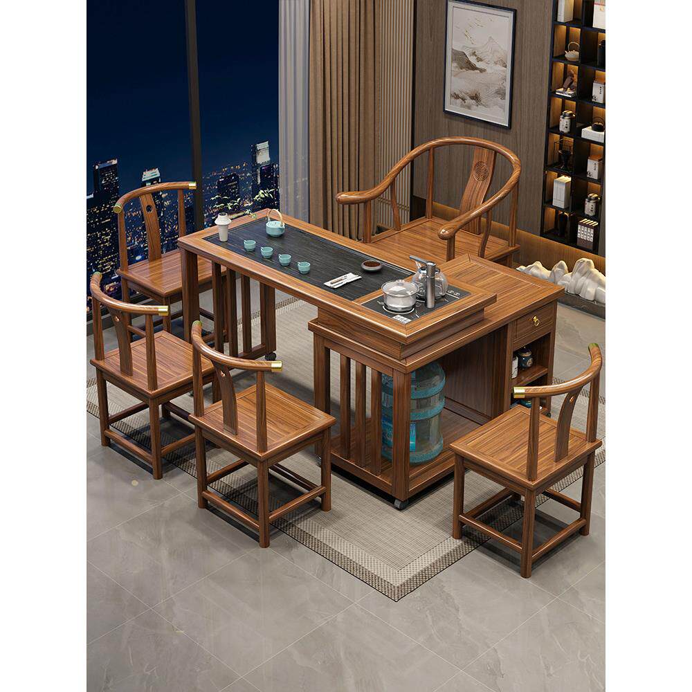 移动茶台中式旋转茶桌椅组合阳台家用实木小型茶几烧水壶一体套装