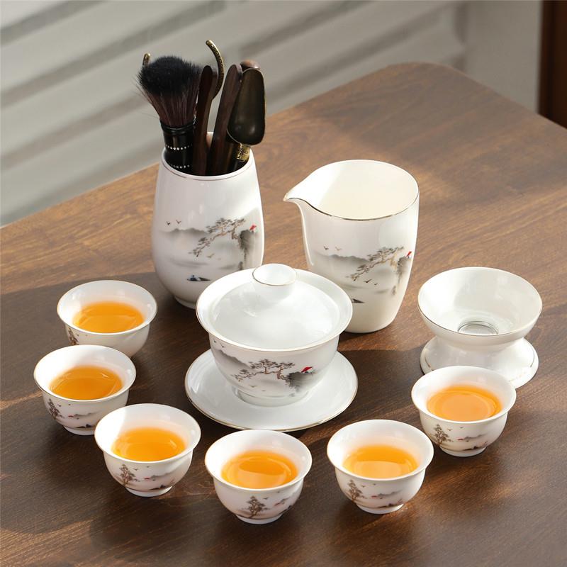 羊脂玉功夫茶具套组家用中式陶瓷轻奢高档盖碗茶杯白瓷简约泡茶壶