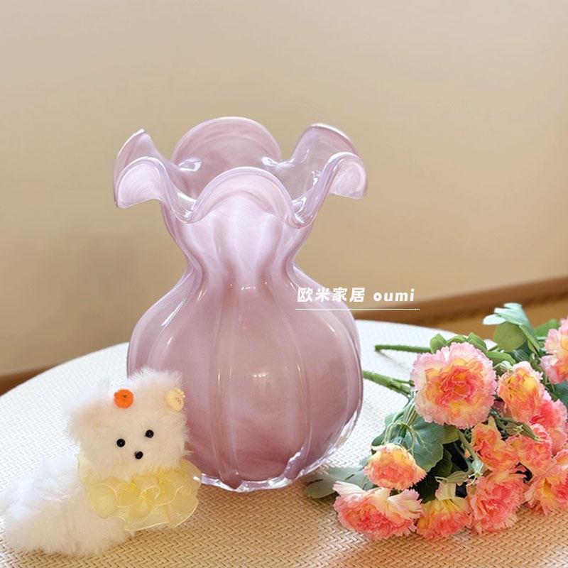 石榴花瓶摆件客厅插花玻璃琉璃轻奢高级感粉色高端餐桌法式水晶