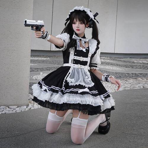 【Matcha芝士】 十号少女战斗女仆黑白狗短半裙围裙lolita套装女