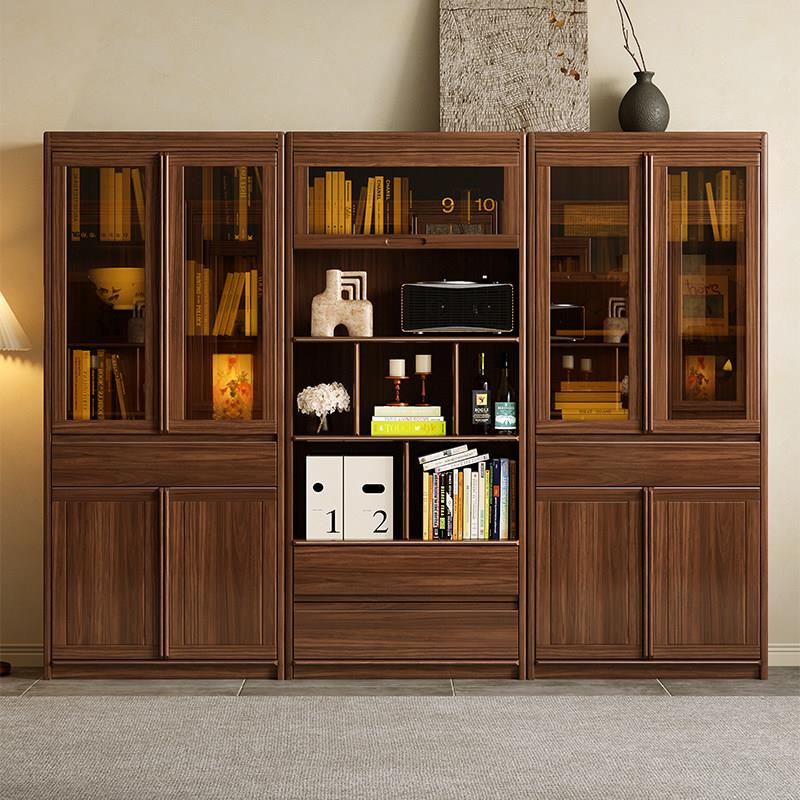 北欧黑胡桃木书柜新中式书架带玻璃门展示柜办公室收纳柜书房书橱