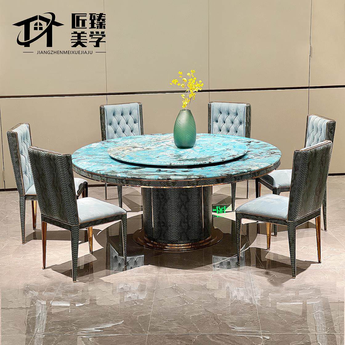意式后现代轻奢宾利大理石餐桌椅组合高端饭厅奢华圆形不锈钢饭桌