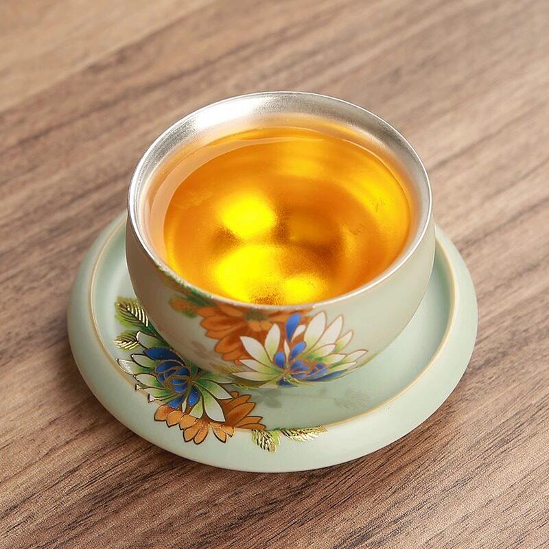 天青纯银陶瓷茶杯鎏银品茗杯功夫茶具单杯镶银主人杯汝窑哥窑茶杯