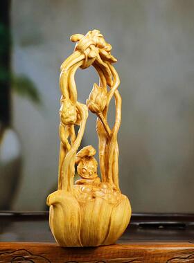 黄杨木莲式蓬翠居鸟提梁壶中雕家QKA茶桌装饰木质工艺品文玩茶宠