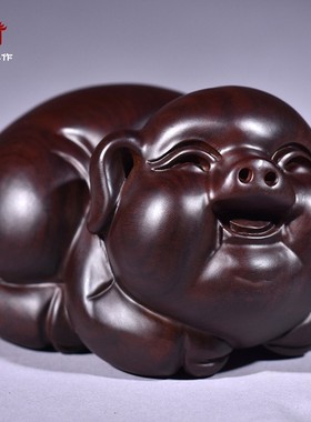 黑檀实木质雕刻猪摆件一对生肖猪家居客厅玄关办公装饰工艺品送礼