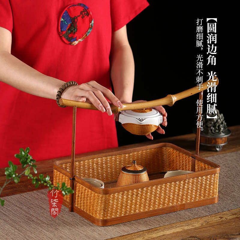 中式筇竹手工竹编紫竹手提竹篮收纳提篮食盒水果篮茶点圆形长方形