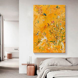 金黄色花鸟手绘油画客厅抽象高级装饰挂画艺术丙烯肌理壁画感玄关