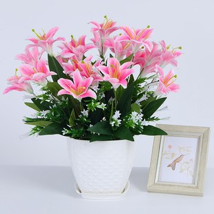 高档百合花仿真花套装假花装饰花卉摆设客厅办公室摆花餐桌花摆件