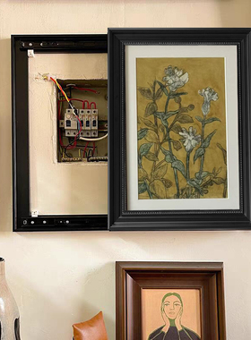 高级感竖版遮挡电表箱装饰画中古风黑色框左右推拉隐藏画支持定制