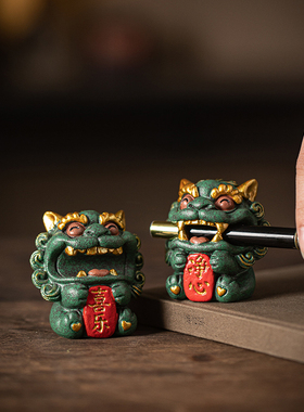 中式国潮文创瑞兽醒狮笔搁笔架书房桌面摆件净心喜乐一对礼盒装饰