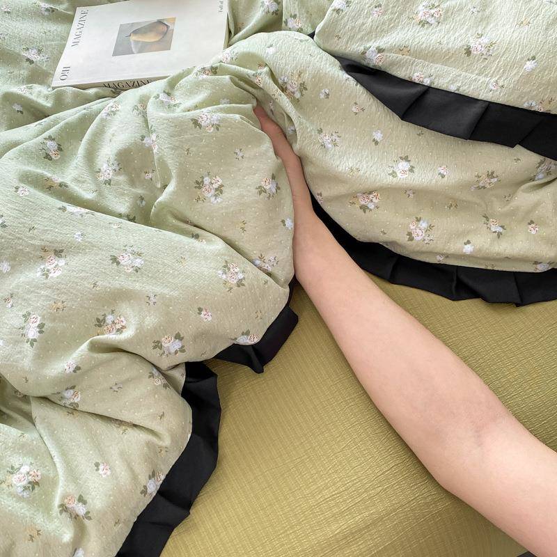 法式少女心轻奢黑花边绿色小花水洗云感棉床单床笠被套1.8m四件套