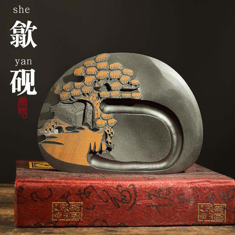 6寸8寸天然原石砚台山水歙砚端砚文房四宝套装磨墨条研墨墨池