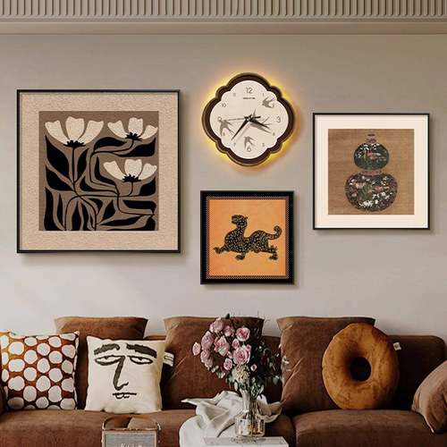2025新款客厅组合装饰画中古风发光时钟挂画创意静音墙面装饰钟表