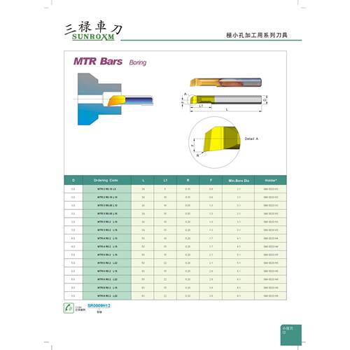供应台湾三禄(SUNROXM)极小孔径用车刀杆MTR 2 R0.15L5