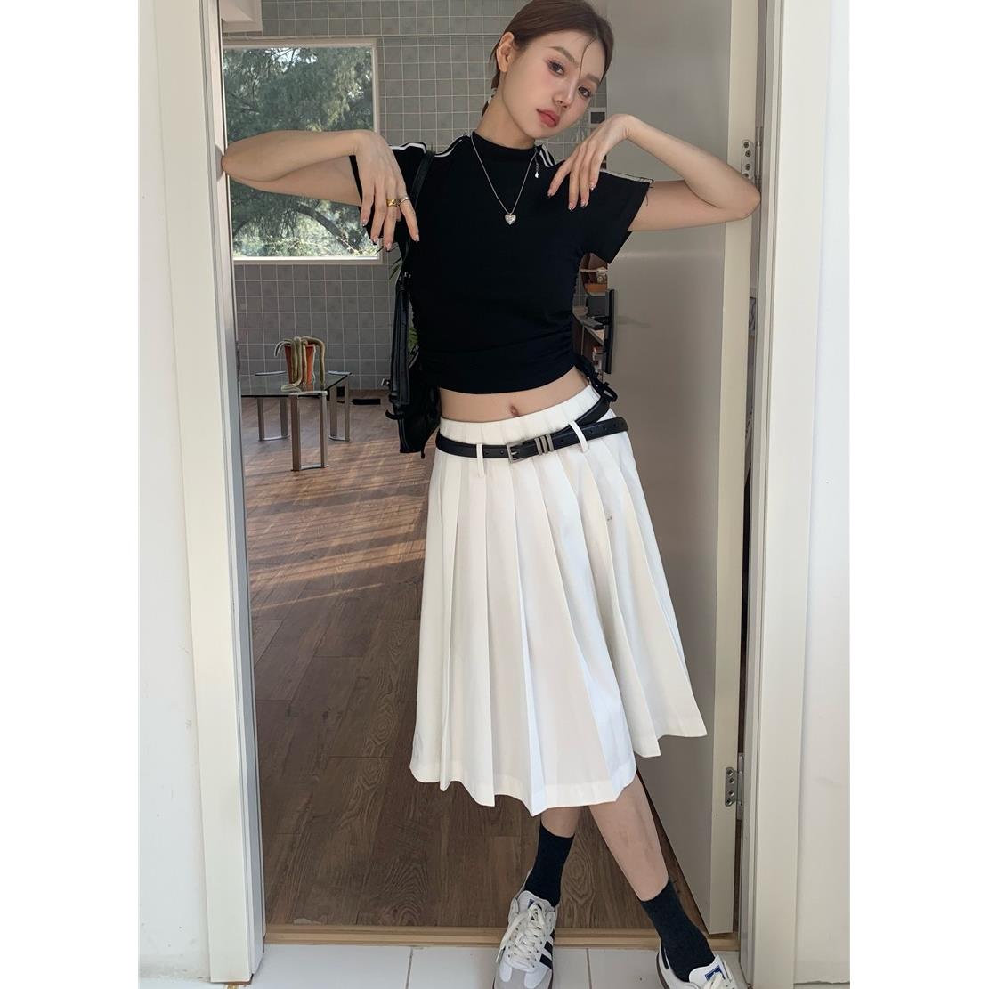 白百百自裙中长半身裙夏季新款高腰修褶身搭a字裙色子辣妹显瘦中