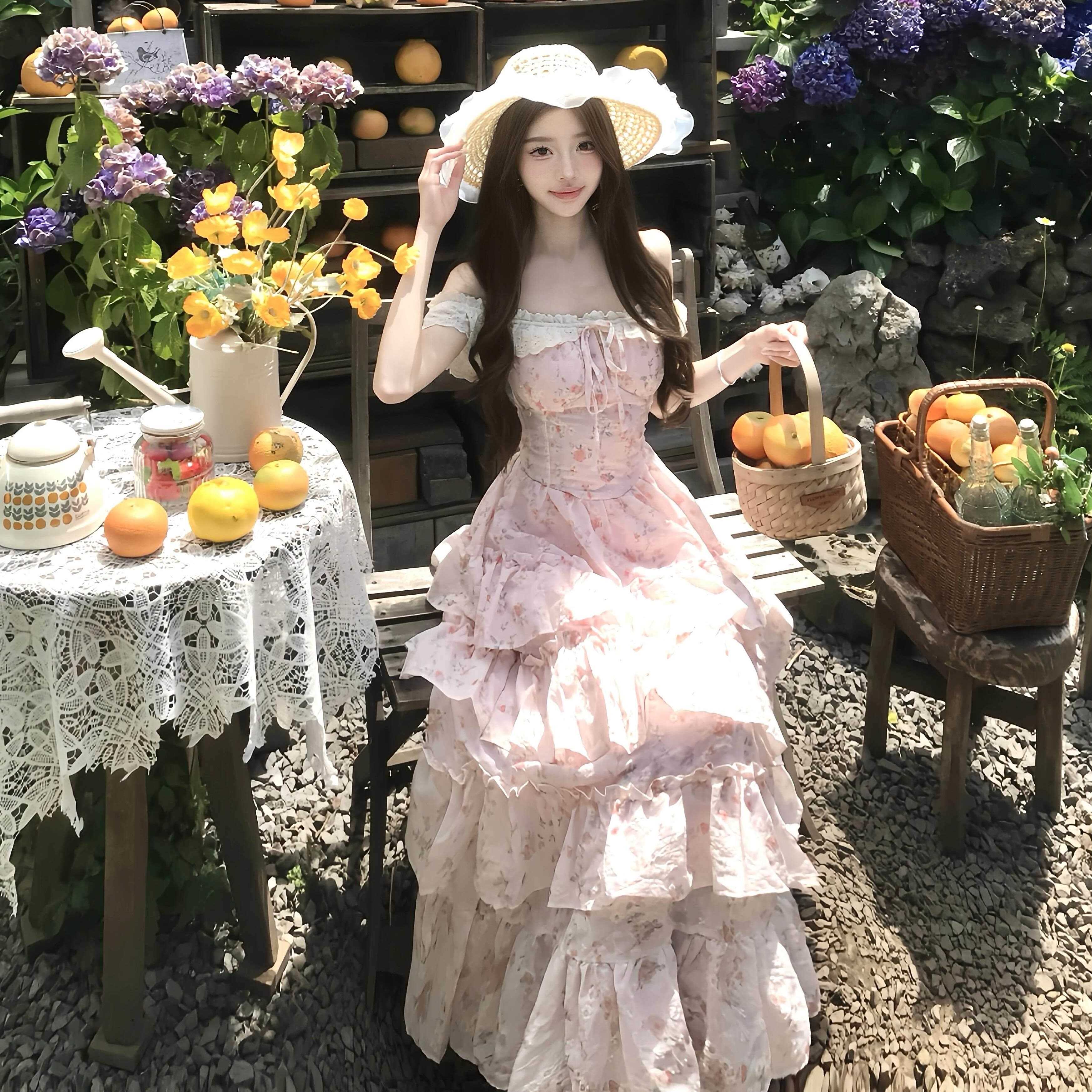 甜美粉色花连衣裙夏季柔风公温WTJ105主碎蛋糕裙绝美漂亮大裙女摆