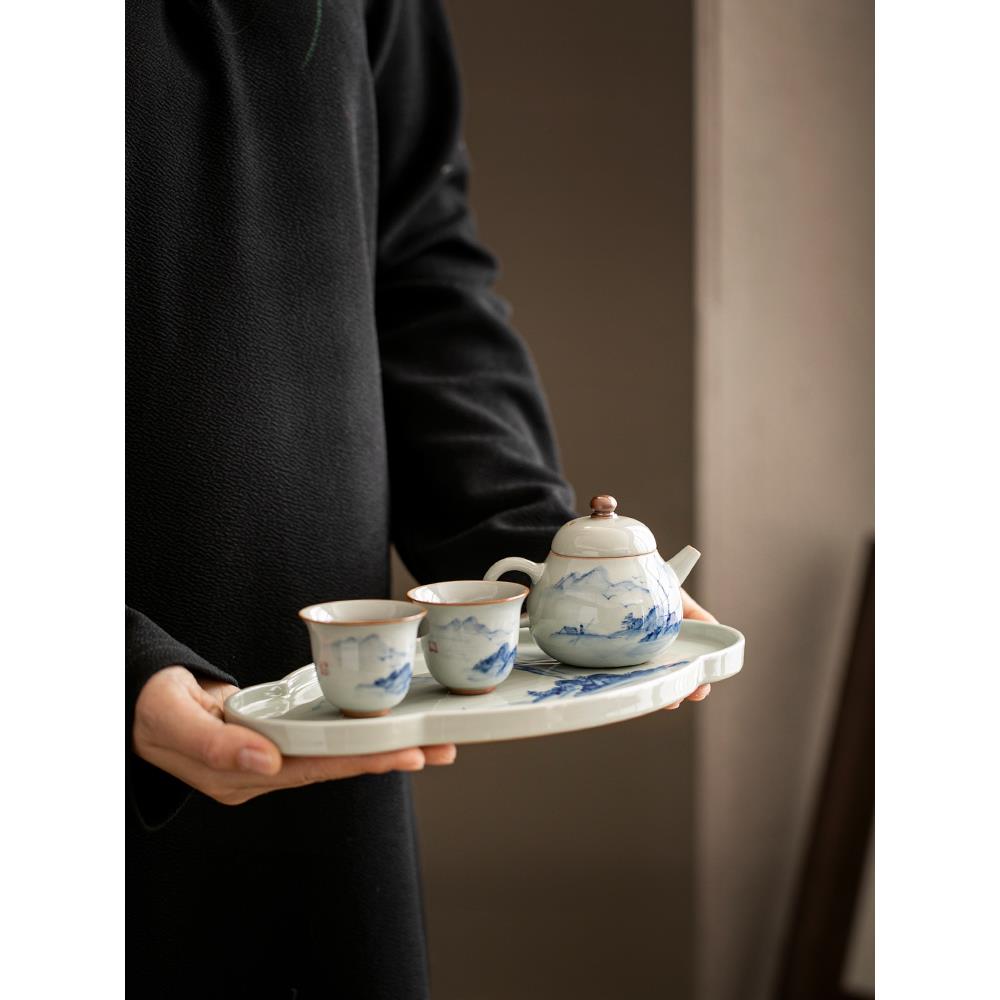瓷茶陶llb15006盘小茶家台中式茶托盘功夫茶具手绘山水高档用茶海