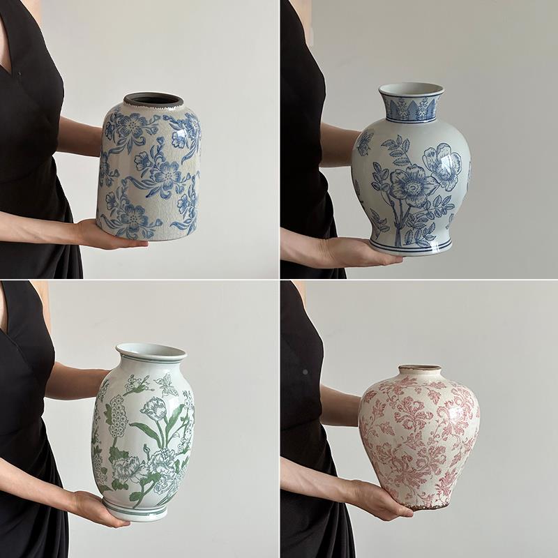 青花瓷复古陶瓷花花瓶摆插件客C1071厅鲜花花陶罐轻装饰品新中奢