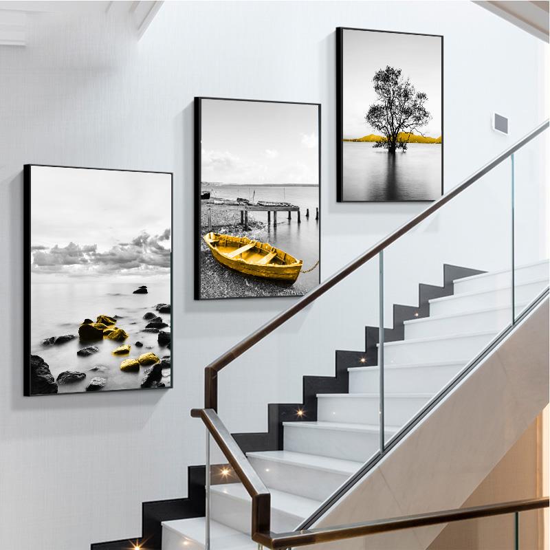 现代简约楼梯口间ZOW饰画风客厅墙面画北装欧黑白景走廊过挂道墙