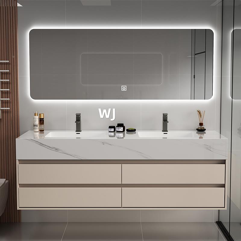 卫生间无缝衔接漱一体洗手WWW台双室盆浴组合定制轻奢智能双槽柜