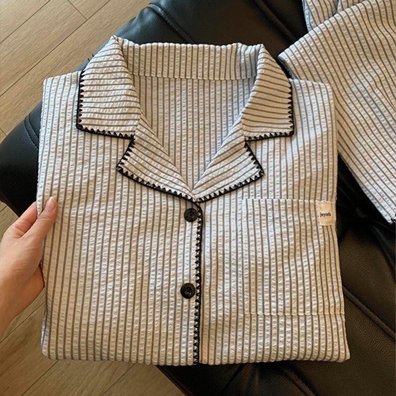 韩系条纹翻领开衫睡衣女春季云朵棉家居服两件套可外穿简约