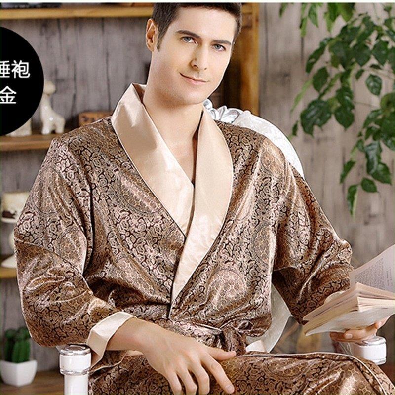 男士居家丝绸睡袍 夏季薄款彷真丝长袖睡衣男式加大码外贸浴袍