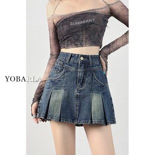 显瘦梨形身材a字半身裙 胖mm大码 复古百褶牛仔短裙女高腰夏季 新款
