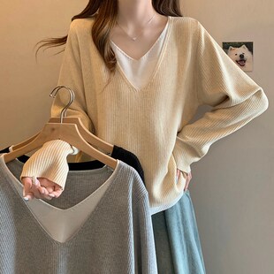 秋冬V领打底衫 外出针织衫 宽松显瘦产后喂奶上衣 哺乳装 假两件大码