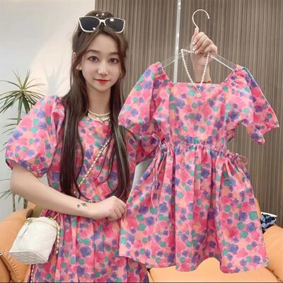 高端夏季亲子母女装连衣裙时尚短袖2024新款洋气碎花裙子韩版夏款