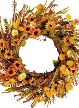 50CM秋季丰收万圣感恩节门前装饰黄色橙色雏菊花藤编花环藤条挂件