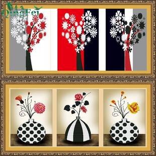 青飞缤纷绽放情定三生简约优雅三联画十字绣玫瑰花瓶现代简约客厅