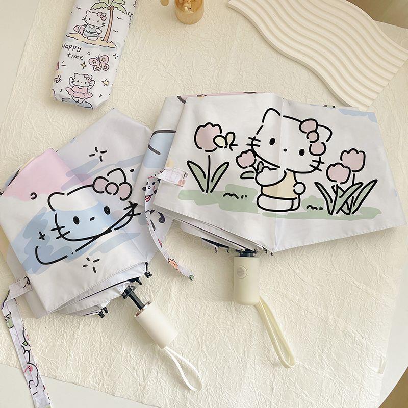 F2024HelloiKt线ty自动折叠雨伞女晴雨两胶用防晒防紫外遮阳伞黑