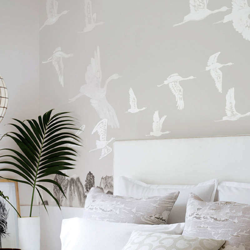 定做无缝墙布北欧壁画新客厅纸南卧室飞中式背景墙壁儿童大雁电视