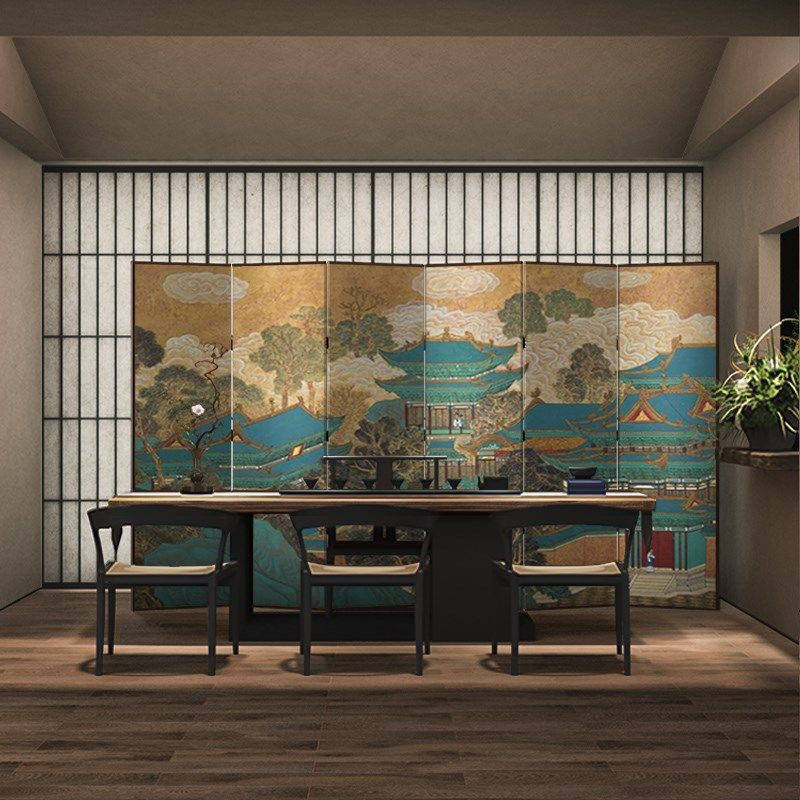 古典中式屏风隔断装饰客厅茶室酒店折叠移动建筑山水古画原木折屏