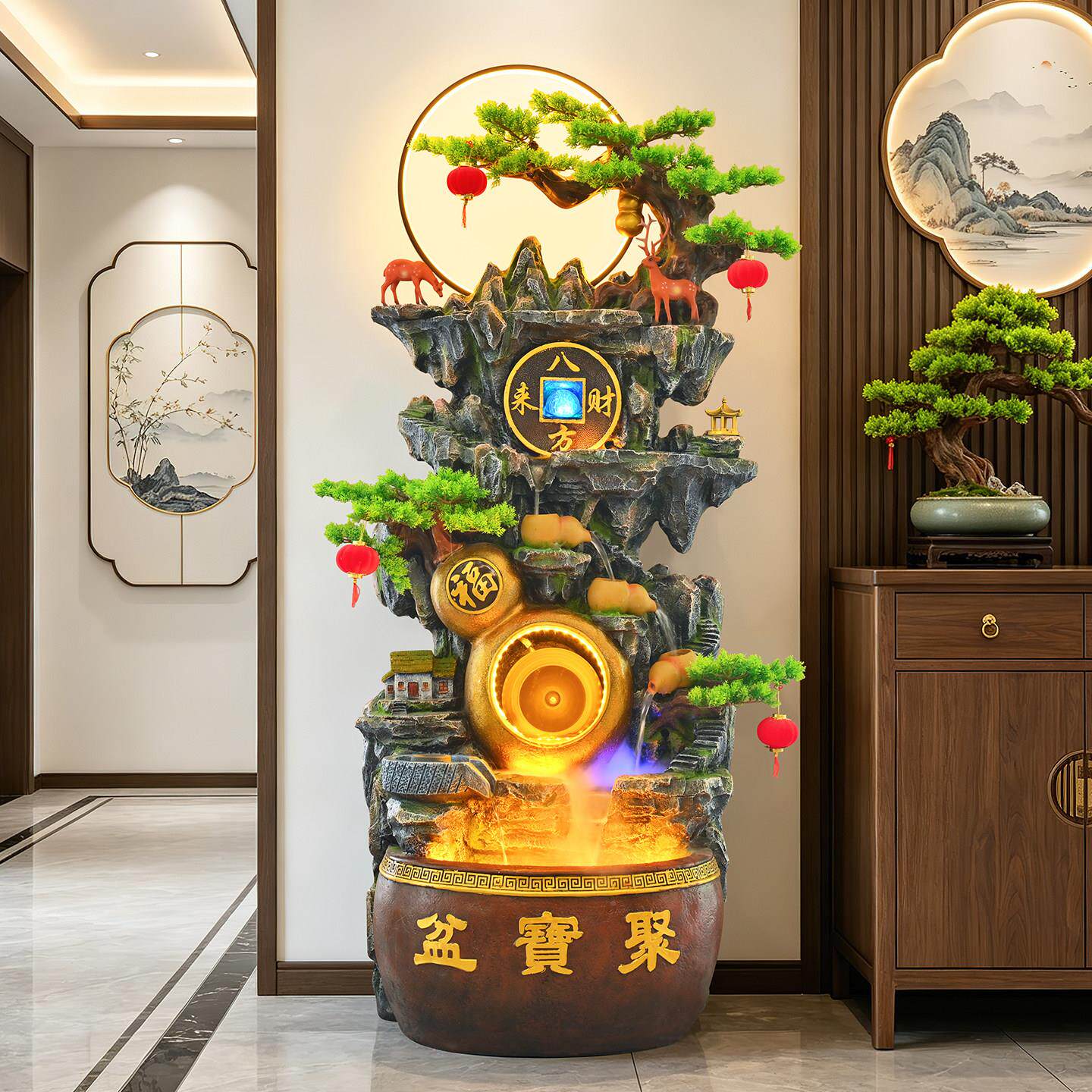 聚宝盆假山水KRY办喷泉风业水轮摆件流循环水客厅招财葫芦公室开