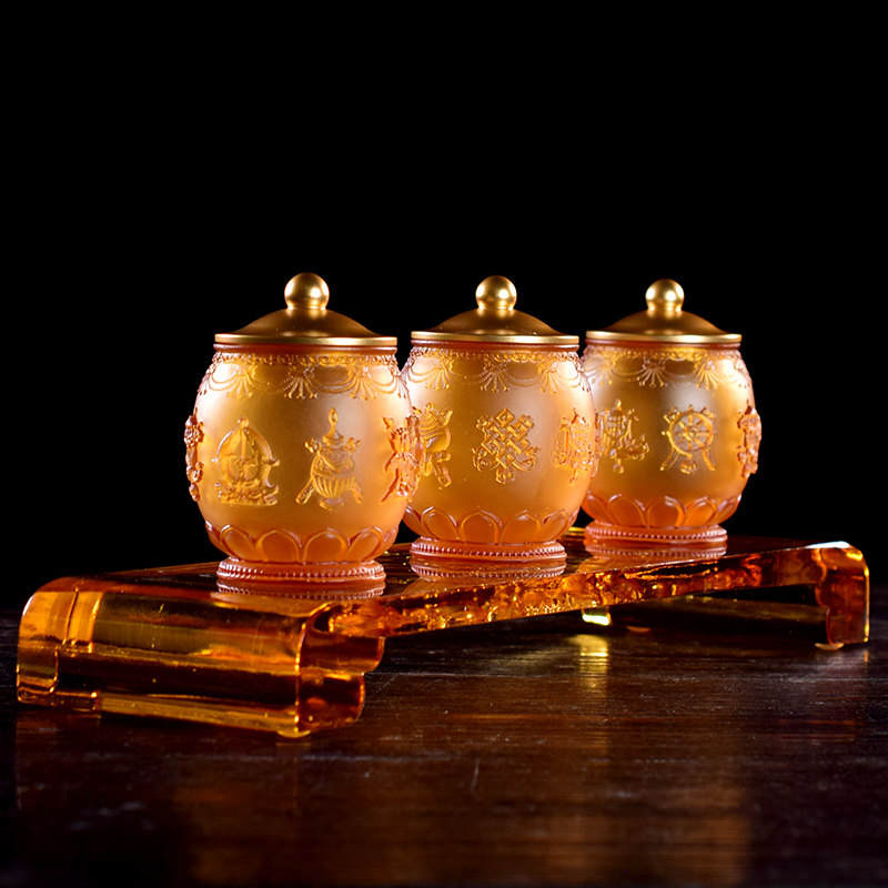 家用供奉佛前圣水杯古法琉璃八吉祥小供杯观音净水杯贡杯三杯连座