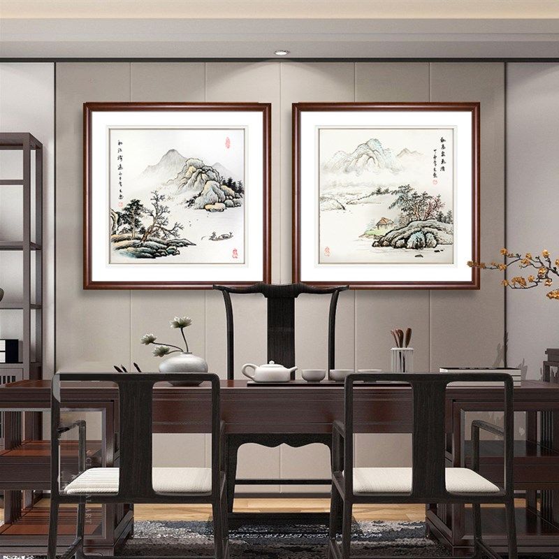 手绘斗方山水画水墨国画办公室挂画客厅沙发正方形壁画玄关装饰画