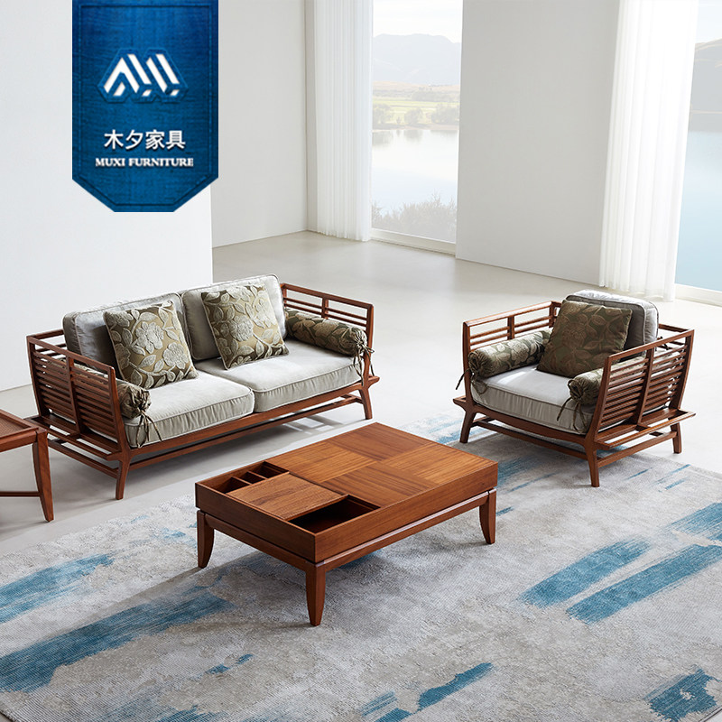 木夕东南亚新中式风格布槟榔艺大小户型组合实木家具胡桃木色沙发