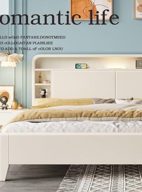 现代简卧奶卧室白色实木床油风CGM储物单人双约人床家用主次卧实