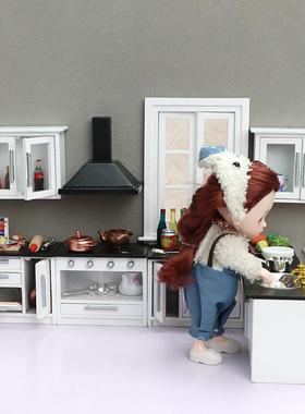 1:12娃娃屋dollhouse木质迷你家具迷你厨房场景白色厨房7件套