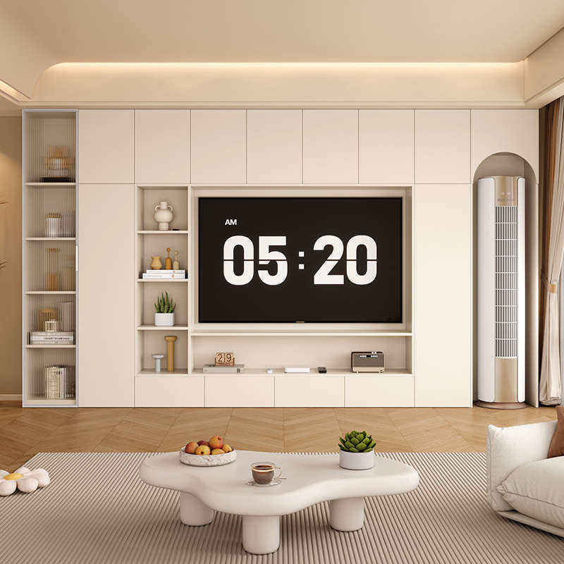 奶油风电视柜客厅家用空调收纳一体组合储物柜靠墙小户型墙定制柜