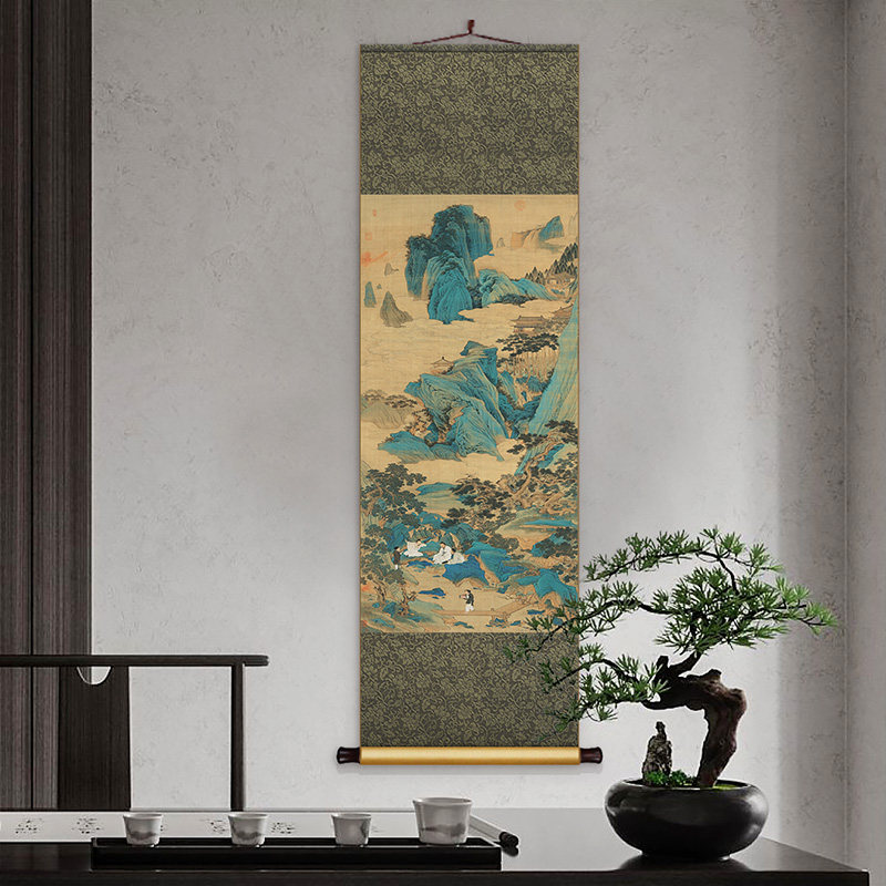 仇英春山吟赏图中式丝绸卷轴挂画竖版茶室客厅装饰画书房玄关墙画