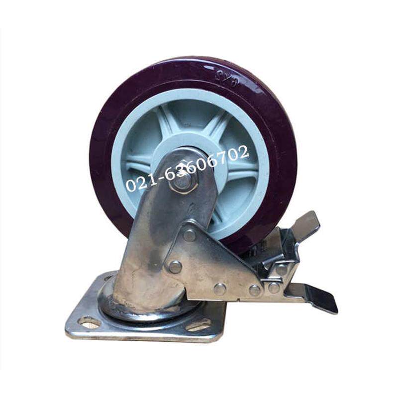 6x2加重型304不锈钢聚氨脂带脚轮轮子刹车工业手推车防腐蚀万向轮