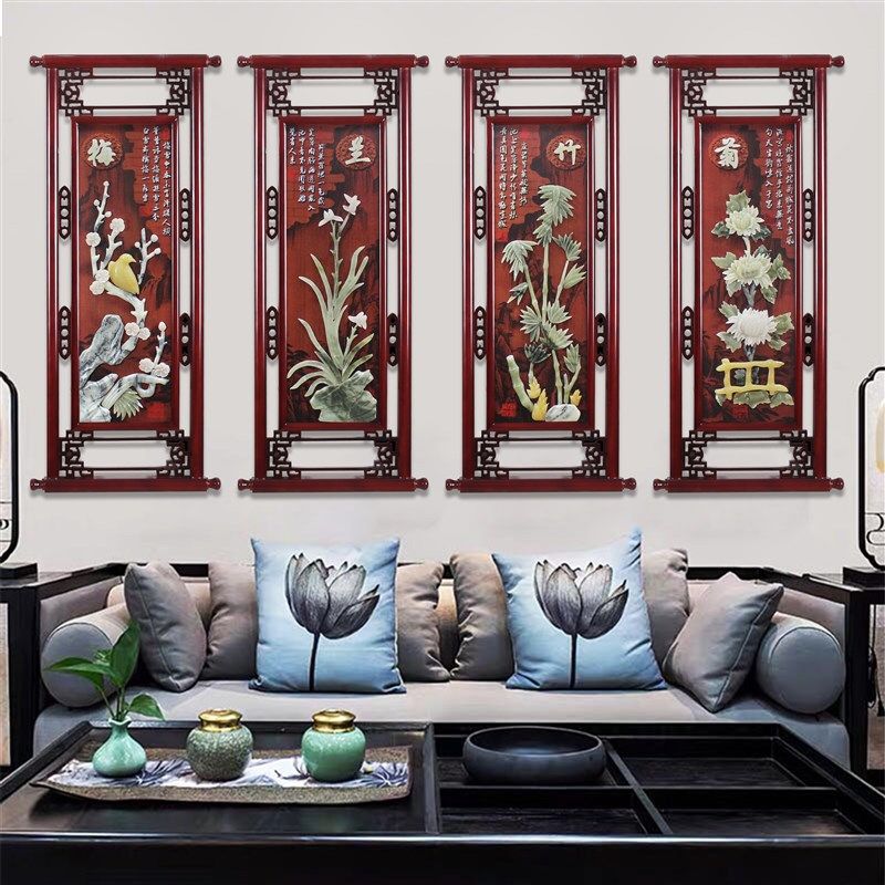 客厅装饰画沙发背景墙玉石画玉雕挂画简约大气新中式餐厅四联壁画