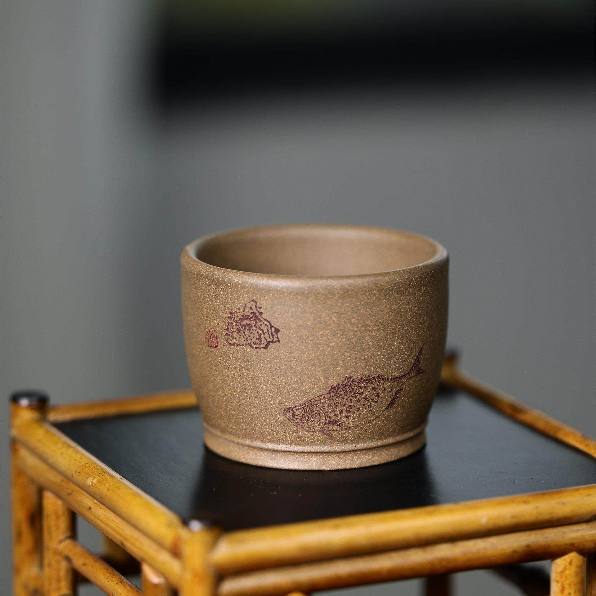 宜兴紫砂主人矿乐杯原青段鳜鱼WJI泥杯鱼杯大容量茶杯子手工精品