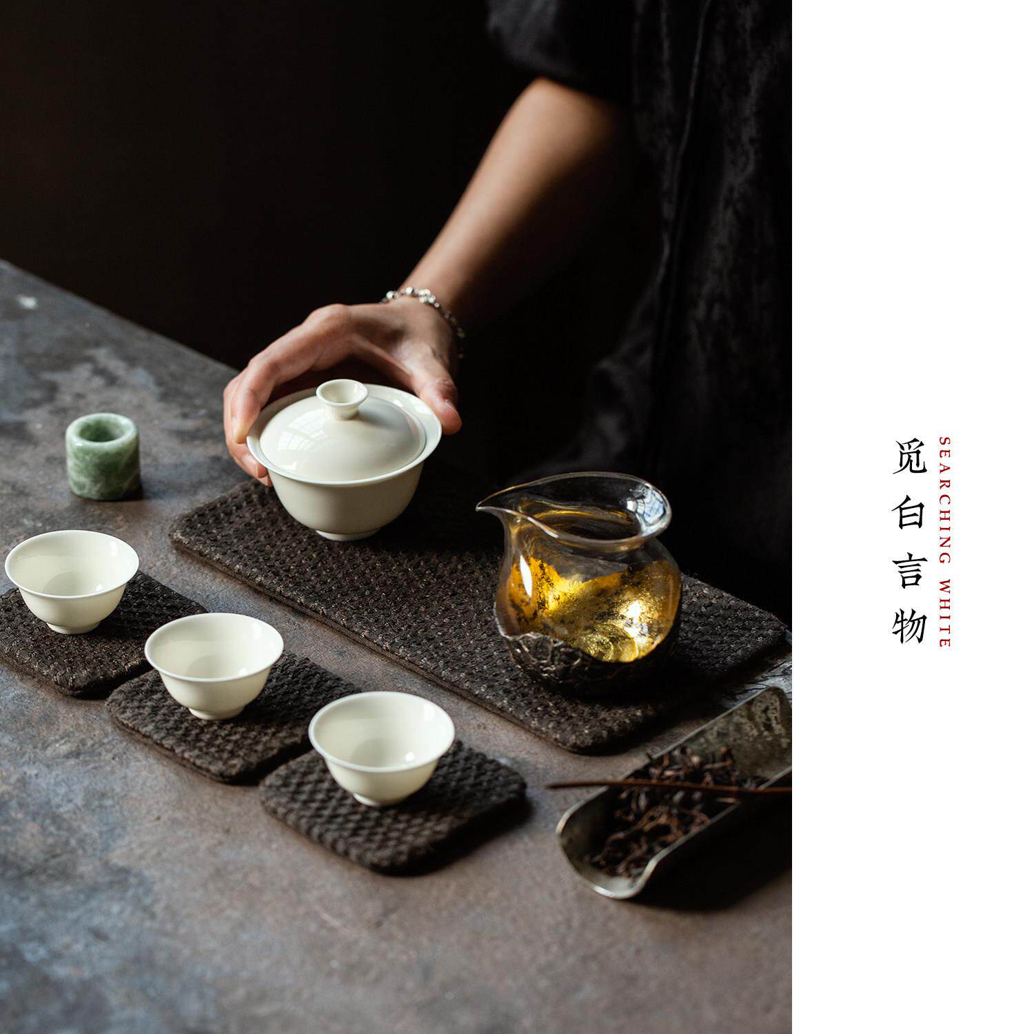 觅白棉麻茶席手干作垫泡植物染复古号桌旗茶巾隔热茶道零棉麻错小