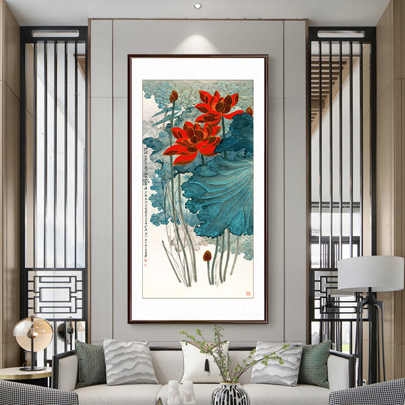 张大千金线荷花玄关装饰画走廊版花鸟画新客厅过竖挂画壁画道中式