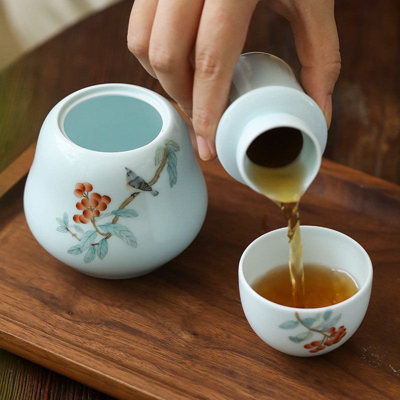 影青葫芦温酒壶一人饮米酒白酒陶瓷小酌酒具文艺手绘枇杷翠鸟酒杯